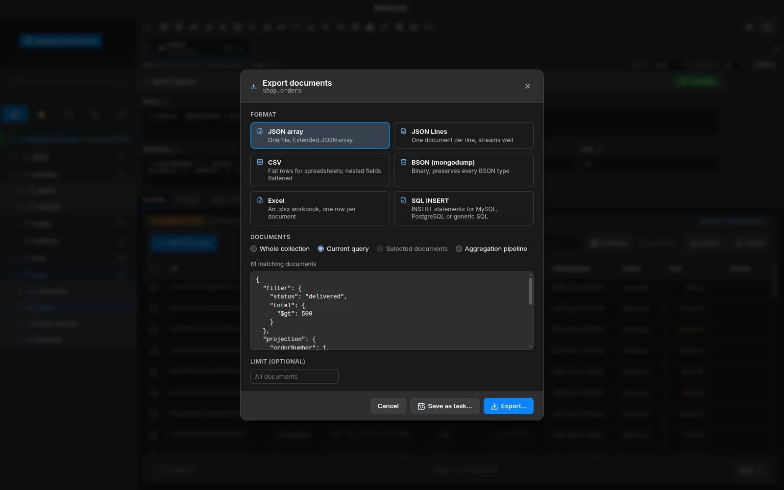 The MotionQL export dialog with format options