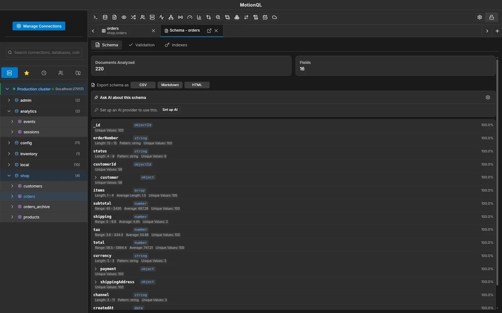 MotionQL schema analysis listing fields with types, frequency and value statistics