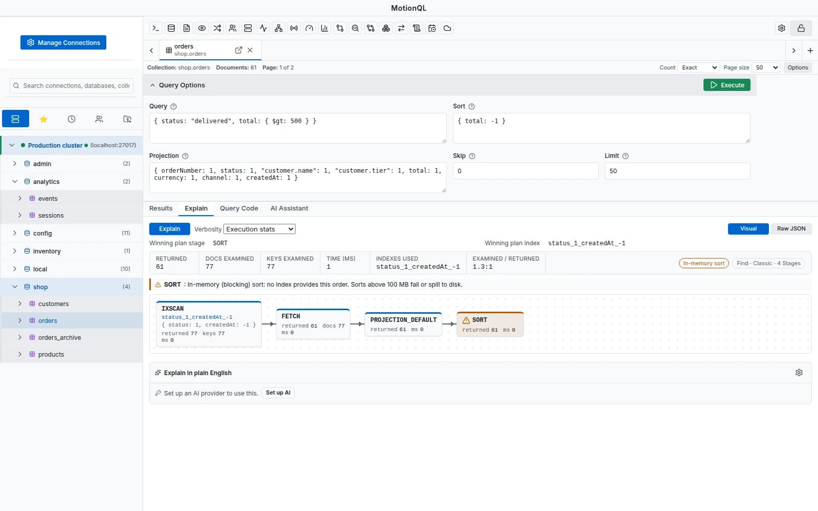 A MotionQL explain plan shown as a tree with index use, documents examined and time