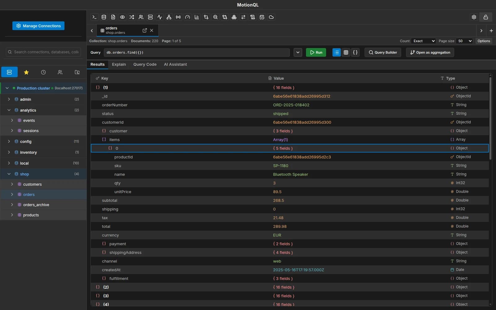 Tree, table and JSON views in MotionQL
